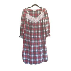 Vintage Red Plaid Flannel Nightgown Lace Trim Pearl Buttons Cottagecore Sz M